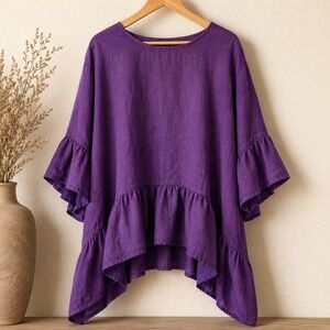 Match Point USA 100% Linen Pre-Shrunk Purple Ruffle Tunic Top Made USA